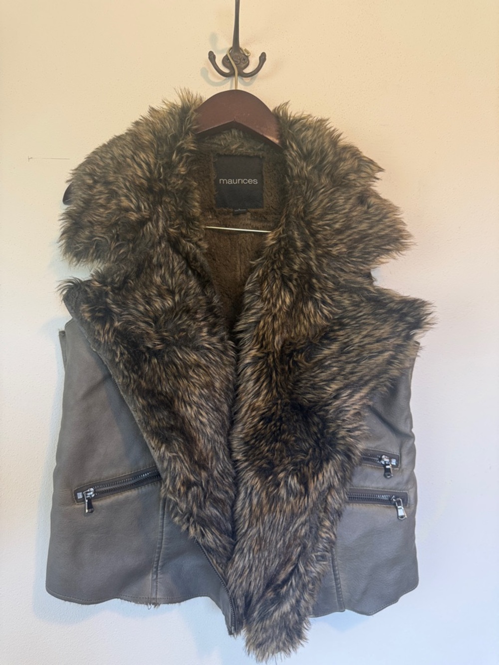 Maurices Faux Fur-Trim Leather-Look Vest in Taupe